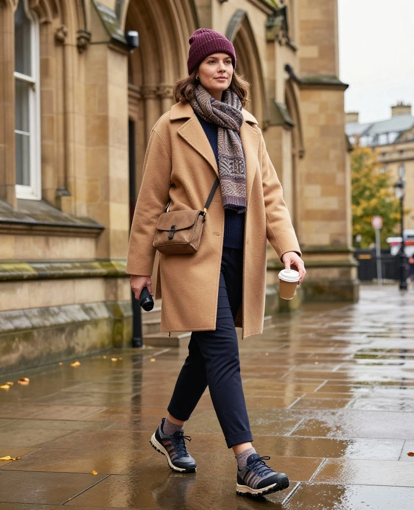 13 Comfortable Manchester Sightseeing Outfits for November (Cute Enough for Every Photo!) 67 What to Wear in Manchester in November 13 Comfortable Manchester Sightseeing Outfits for November (Cute Enough for Every Photo!) - 13. Wrap Coat, Fine Knit, and Supportive Retro Trainers 1