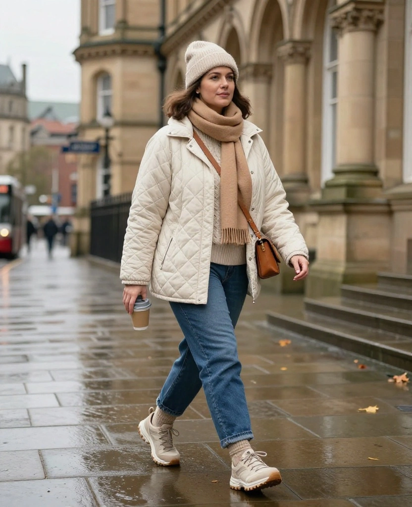 13 Comfortable Manchester Sightseeing Outfits for November (Cute Enough for Every Photo!) 12 What to Wear in Manchester in November 13 Comfortable Manchester Sightseeing Outfits for November (Cute Enough for Every Photo!) - 2. Tonal Cream Layers with Relaxed Jeans 1