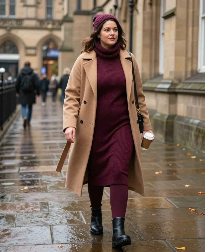 13 Comfortable Manchester Sightseeing Outfits for November (Cute Enough for Every Photo!) 24 What to Wear in Manchester in November 13 Comfortable Manchester Sightseeing Outfits for November (Cute Enough for Every Photo!) - 4. Sweater Dress with Fleece Tights and Waterproof Ankle Boots 1