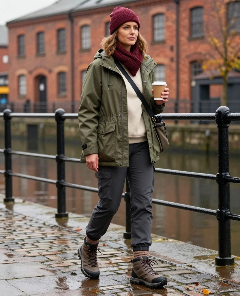 13 Comfortable Manchester Sightseeing Outfits for November (Cute Enough for Every Photo!) 25 What to Wear in Manchester in November 13 Comfortable Manchester Sightseeing Outfits for November (Cute Enough for Every Photo!) - 5. Utility Jacket, Soft Cargo Trousers, and Waterproof Boots 1