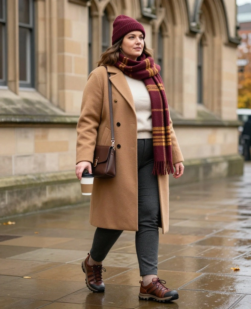 13 Comfortable Manchester Sightseeing Outfits for November (Cute Enough for Every Photo!) 29 What to Wear in Manchester in November 13 Comfortable Manchester Sightseeing Outfits for November (Cute Enough for Every Photo!) - 7. Plaid Scarf, Wool-Blend Coat, and Stretch Trousers 1