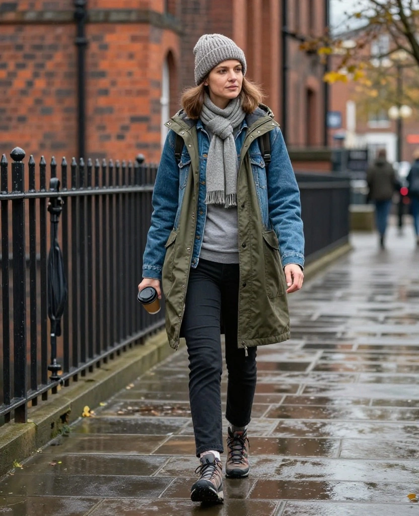 13 Comfortable Manchester Sightseeing Outfits for November (Cute Enough for Every Photo!) 41 What to Wear in Manchester in November 13 Comfortable Manchester Sightseeing Outfits for November (Cute Enough for Every Photo!) - 9. Denim Jacket under a Longer Parka 1