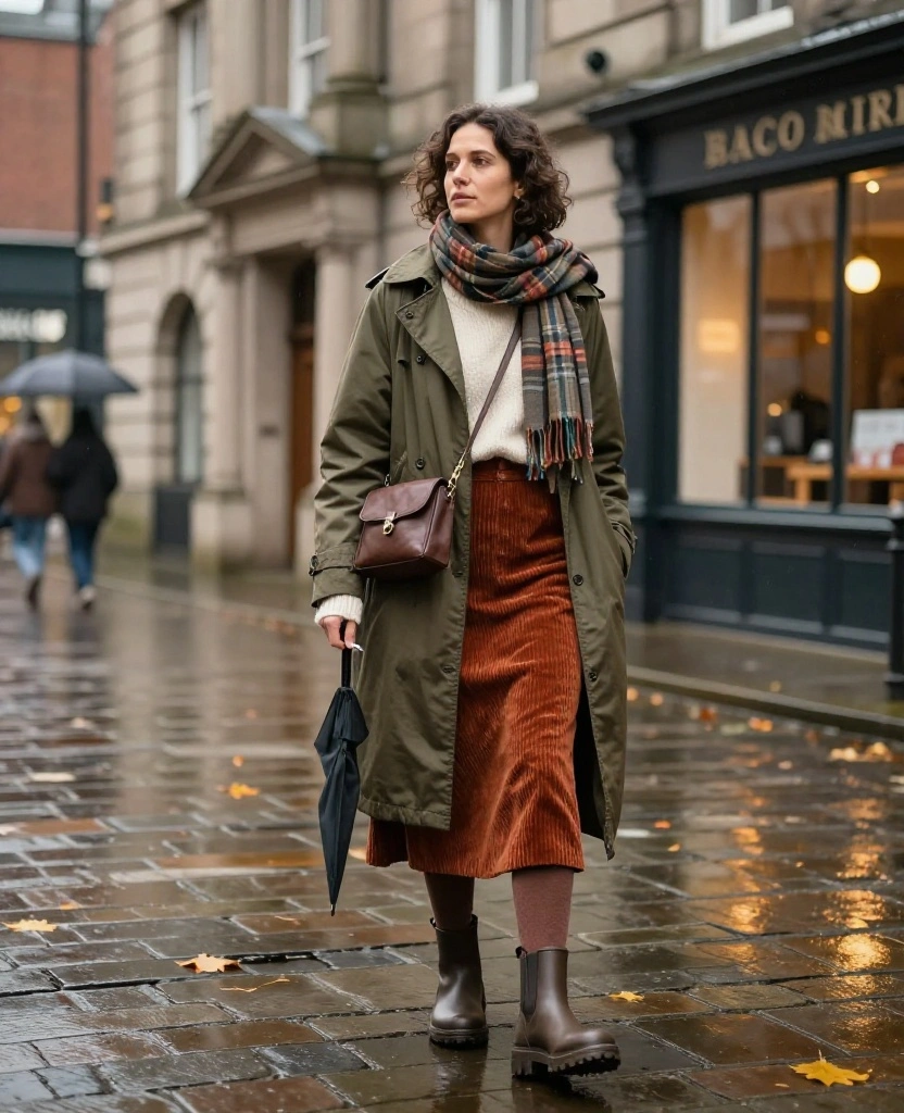 13 Cozy Belfast Travel Outfits for November That Are Made for All-Day Exploring! 29 What to Wear in Belfast in November 13 Cozy Belfast Travel Outfits for November That Are Made for All-Day Exploring! - 5. The Skirt, Fleece Tights, and Waterproof Boot Outfit 1