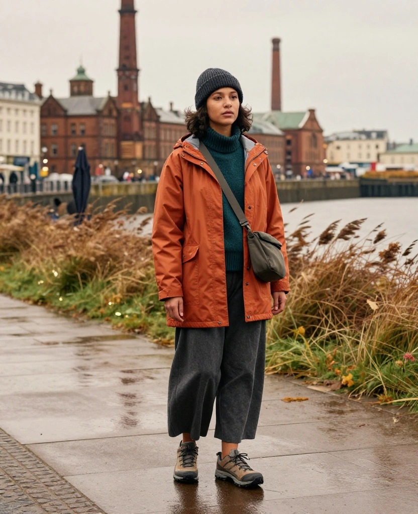 13 Cozy Belfast Travel Outfits for November That Are Made for All-Day Exploring! 36 What to Wear in Belfast in November 13 Cozy Belfast Travel Outfits for November That Are Made for All-Day Exploring! - 6. The Wide-Leg Trousers and Short Rain Shell Pairing 1