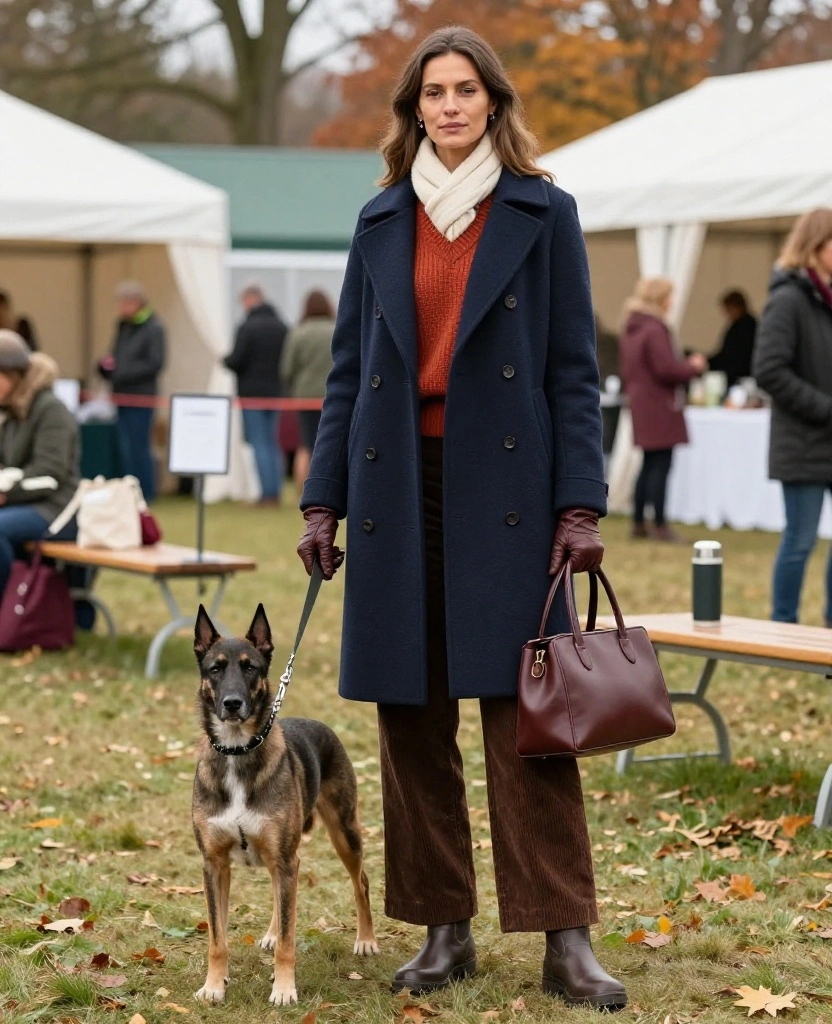 13 Cozy November Dog Show Outfits That Prove Warm Layers Can Still Look Fabulous! 89 what to wear to the National Dog Show in November 13 Cozy November Dog Show Outfits That Prove Warm Layers Can Still Look Fabulous! - 13. Navy Peacoat with Rust Sweater and Wide-Leg Cords 1
