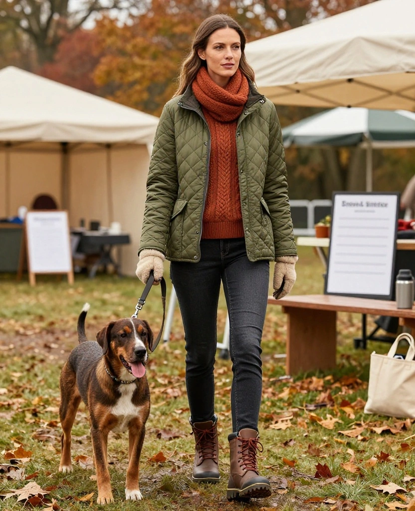 13 Cozy November Dog Show Outfits That Prove Warm Layers Can Still Look Fabulous! 8 what to wear to the National Dog Show in November 13 Cozy November Dog Show Outfits That Prove Warm Layers Can Still Look Fabulous! - 2. Olive Quilted Jacket with a Rust Knit Scarf 1