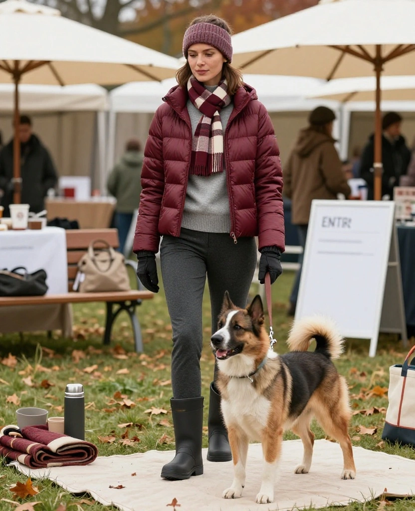 13 Cozy November Dog Show Outfits That Prove Warm Layers Can Still Look Fabulous! 15 what to wear to the National Dog Show in November 13 Cozy November Dog Show Outfits That Prove Warm Layers Can Still Look Fabulous! - 3. Burgundy Puffer, Plaid Scarf, and Warm Boots 1