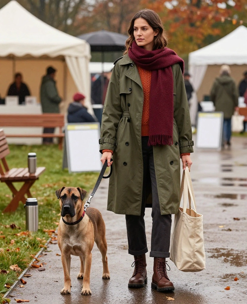 13 Cozy November Dog Show Outfits That Prove Warm Layers Can Still Look Fabulous! 52 what to wear to the National Dog Show in November 13 Cozy November Dog Show Outfits That Prove Warm Layers Can Still Look Fabulous! - 8. The Waterproof Trench over a Chunky Knit 1