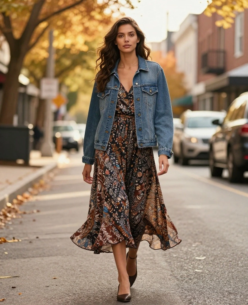 13 Cozy Outfit Ideas for Lovin' the Memphis Vibe in November (You’ll Want to Try #8!) 8 What to Wear in Memphis in November 13 Cozy Outfit Ideas for Lovin' the Memphis Vibe in November (You’ll Want to Try #8!) - 2. Denim Jacket over a Midi Dress 1