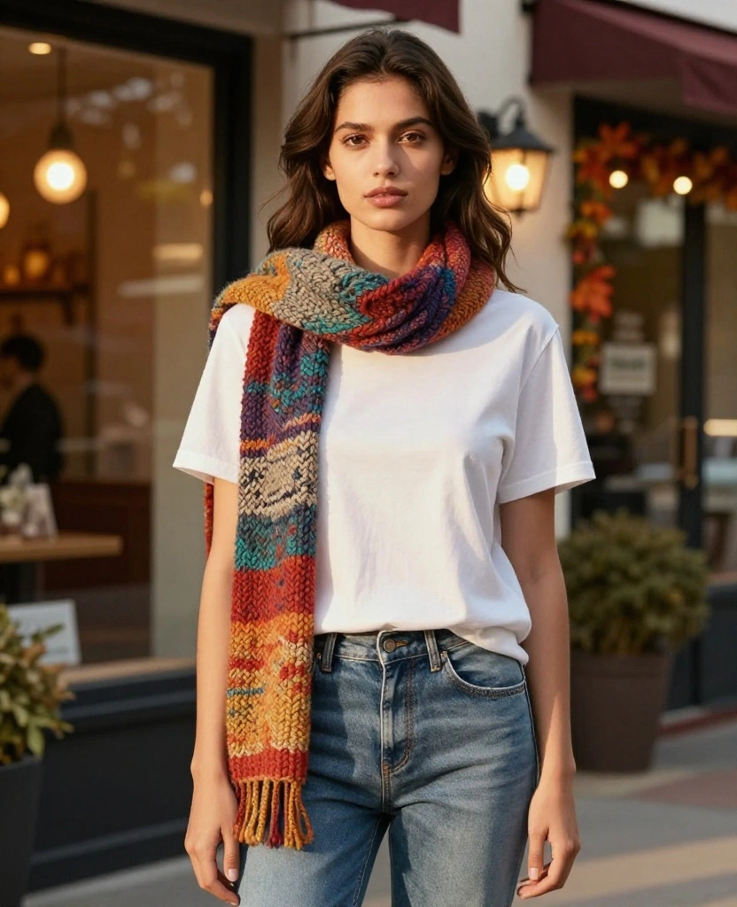 13 Cozy Outfit Ideas for Lovin' the Memphis Vibe in November (You’ll Want to Try #8!) 51 What to Wear in Memphis in November 13 Cozy Outfit Ideas for Lovin' the Memphis Vibe in November (You’ll Want to Try #8!) - 8. Layered Scarf with Basic Tee and Jeans 1