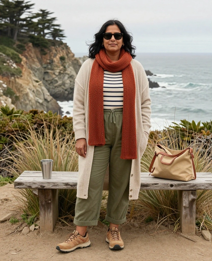 13 Effortlessly Stylish Big Sur Outfits for November That Nail the California Coastal Look 59 what to wear in Big Sur in November 13 Effortlessly Stylish Big Sur Outfits for November That Nail the California Coastal Look - 11. Relaxed Jumpsuit with a Cardigan and Trail Shoes 1