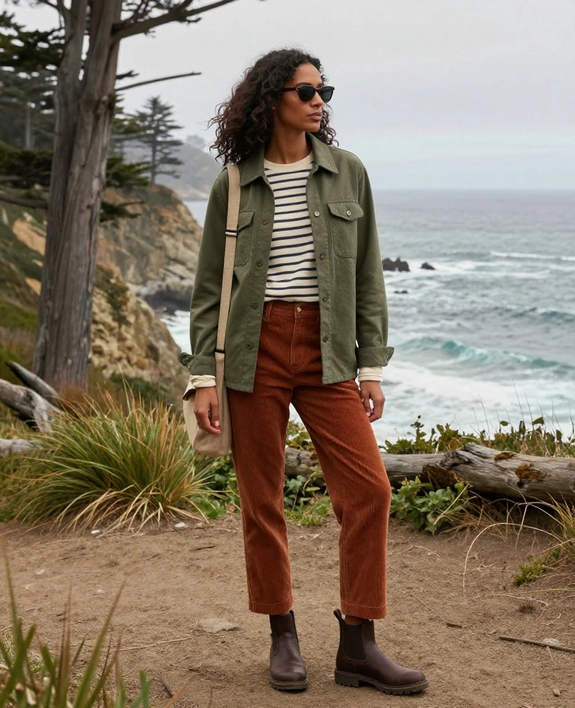 13 Effortlessly Stylish Big Sur Outfits for November That Nail the California Coastal Look 12 what to wear in Big Sur in November 13 Effortlessly Stylish Big Sur Outfits for November That Nail the California Coastal Look - 2. Olive Shacket, Striped Tee, and Corduroy Pants 1