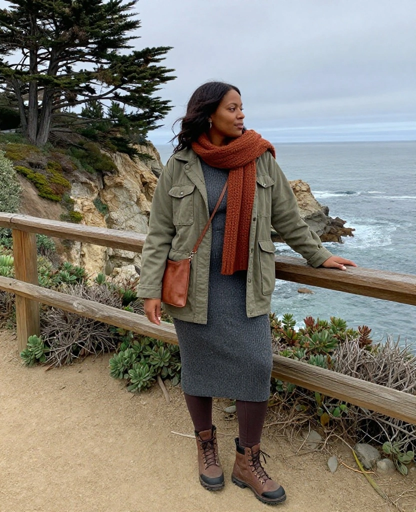 13 Effortlessly Stylish Big Sur Outfits for November That Nail the California Coastal Look 19 what to wear in Big Sur in November 13 Effortlessly Stylish Big Sur Outfits for November That Nail the California Coastal Look - 3. Olive Utility Jacket over a Soft Knit Dress 1