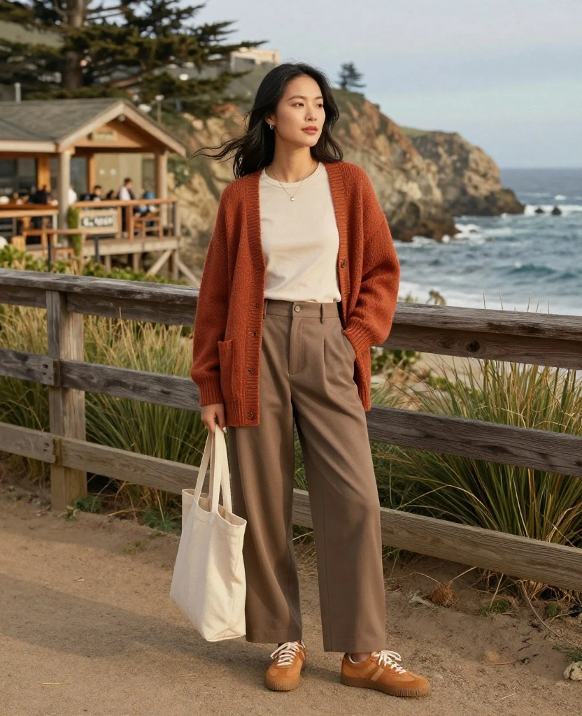 13 Effortlessly Stylish Big Sur Outfits for November That Nail the California Coastal Look 20 what to wear in Big Sur in November 13 Effortlessly Stylish Big Sur Outfits for November That Nail the California Coastal Look - 4. Rust Cardigan with Wide-Leg Trousers and Sneakers 1
