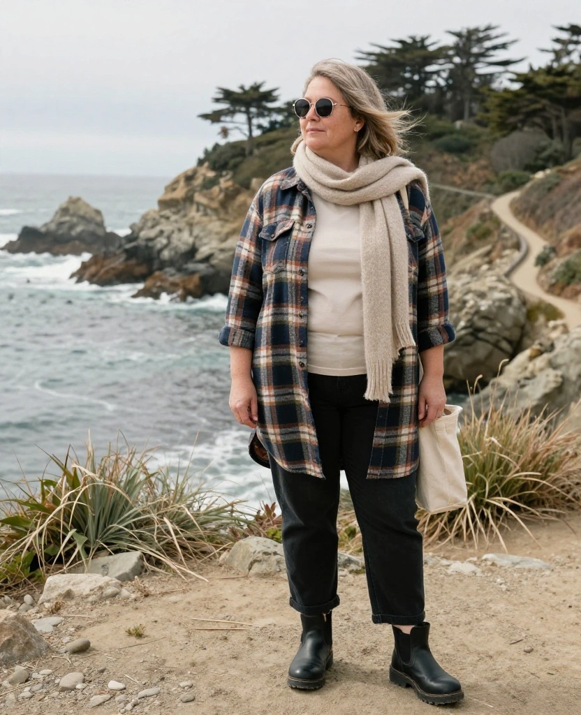 13 Effortlessly Stylish Big Sur Outfits for November That Nail the California Coastal Look 34 what to wear in Big Sur in November 13 Effortlessly Stylish Big Sur Outfits for November That Nail the California Coastal Look - 6. Plaid Overshirt with Black Jeans and Lug Boots 1