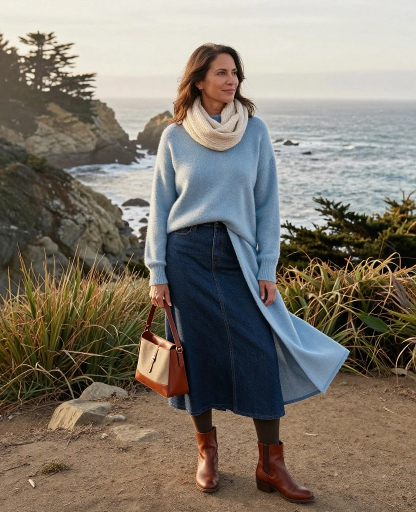 13 Effortlessly Stylish Big Sur Outfits for November That Nail the California Coastal Look 44 what to wear in Big Sur in November 13 Effortlessly Stylish Big Sur Outfits for November That Nail the California Coastal Look - 8. Soft Coastal Sweater with a Midi Skirt and Boots 1