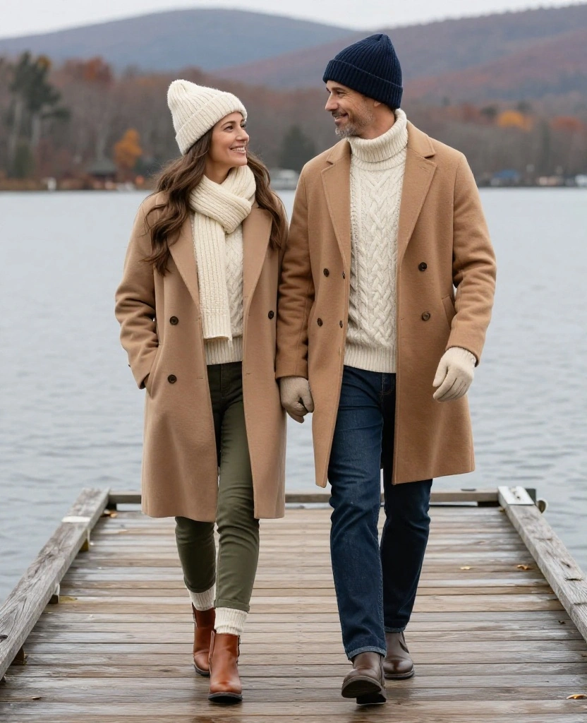 13 Lake George Vacation Outfits for Couples Who Want to Look Amazing in Every Photo 1 What to Wear in Lake George in November 13 Lake George Vacation Outfits for Couples Who Want to Look Amazing in Every Photo - 1. The Classic Camel-and-Cream Waterfront Layers 1