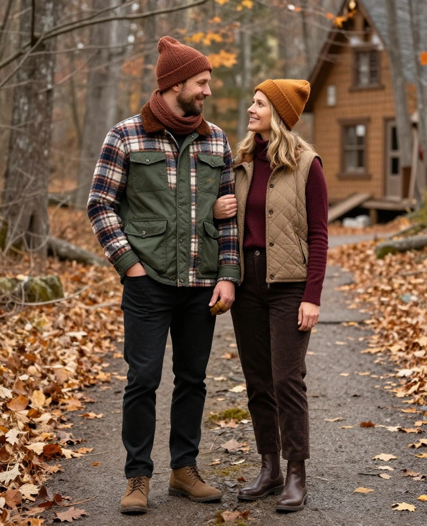 13 Lake George Vacation Outfits for Couples Who Want to Look Amazing in Every Photo 8 What to Wear in Lake George in November 13 Lake George Vacation Outfits for Couples Who Want to Look Amazing in Every Photo - 2. Coordinated Plaid Without Looking Too Matching 1