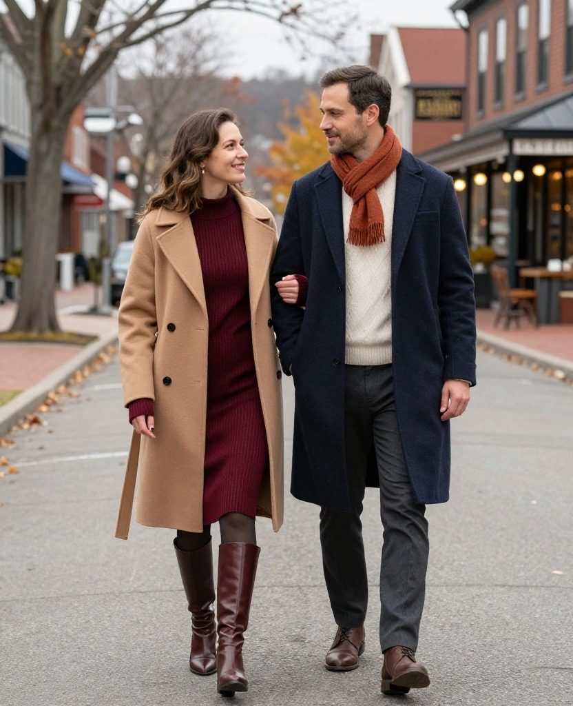 13 Lake George Vacation Outfits for Couples Who Want to Look Amazing in Every Photo 19 What to Wear in Lake George in November 13 Lake George Vacation Outfits for Couples Who Want to Look Amazing in Every Photo - 3. Sweater Dresses and Polished Trousers for a Village Date 1