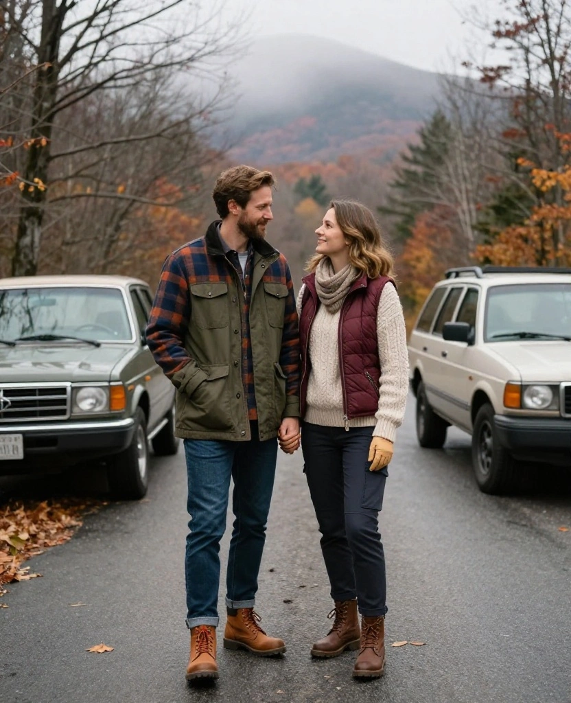 13 Lake George Vacation Outfits for Couples Who Want to Look Amazing in Every Photo 26 What to Wear in Lake George in November 13 Lake George Vacation Outfits for Couples Who Want to Look Amazing in Every Photo - 4. Rugged Flannels and Soft Knitwear for an Adirondack Drive 1