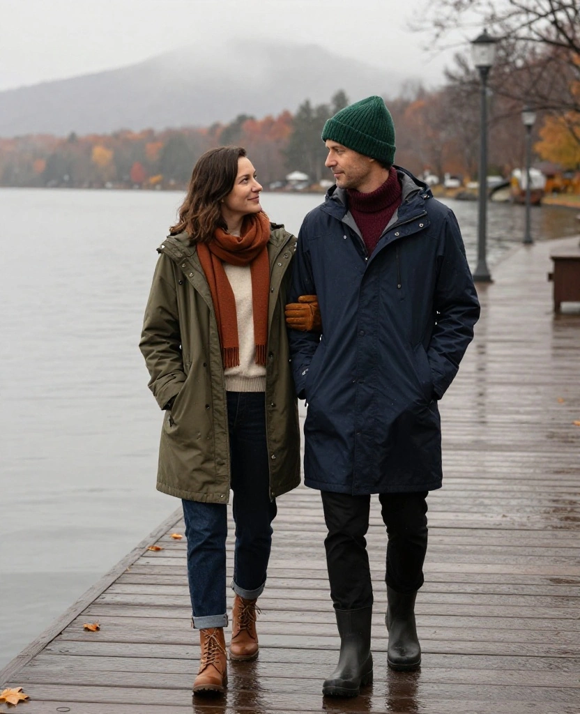 13 Lake George Vacation Outfits for Couples Who Want to Look Amazing in Every Photo 40 What to Wear in Lake George in November 13 Lake George Vacation Outfits for Couples Who Want to Look Amazing in Every Photo - 6. Misty-Day Layers That Can Handle Light Rain 1