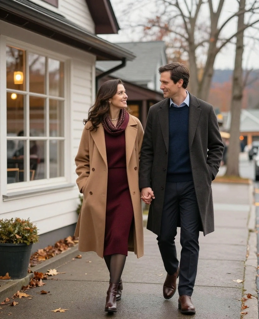 13 Lake George Vacation Outfits for Couples Who Want to Look Amazing in Every Photo 43 What to Wear in Lake George in November 13 Lake George Vacation Outfits for Couples Who Want to Look Amazing in Every Photo - 7. Burgundy and Navy Looks for a Cozy Dinner Date 1