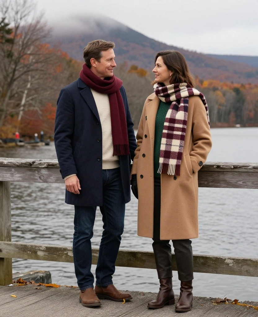 13 Lake George Vacation Outfits for Couples Who Want to Look Amazing in Every Photo 55 What to Wear in Lake George in November 13 Lake George Vacation Outfits for Couples Who Want to Look Amazing in Every Photo - 9. A Shared Scarf Color Story That Ties Everything Together 1