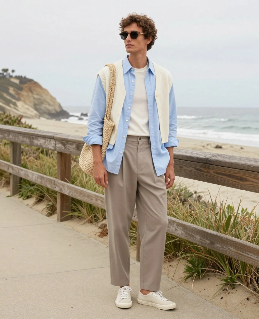 13 Los Angeles Beach Outfits for December That Nail the Breezy California Look! 80 What to Wear in Los Angeles in December 13 Los Angeles Beach Outfits for December That Nail the Breezy California Look! - 12. The Button-Up Shirt, Sweater Vest, and Trousers 1