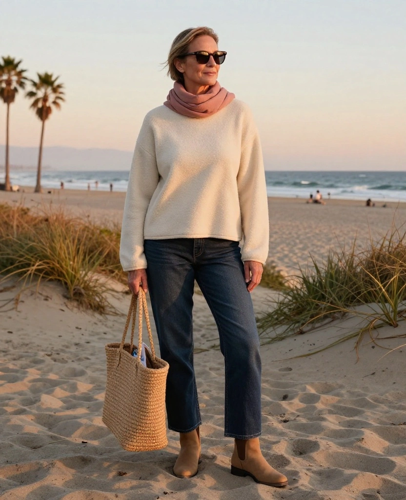 13 Los Angeles Beach Outfits for December That Nail the Breezy California Look! 87 What to Wear in Los Angeles in December 13 Los Angeles Beach Outfits for December That Nail the Breezy California Look! - 13. The Sunset Layer with Fleece, Denim, and Boots 1