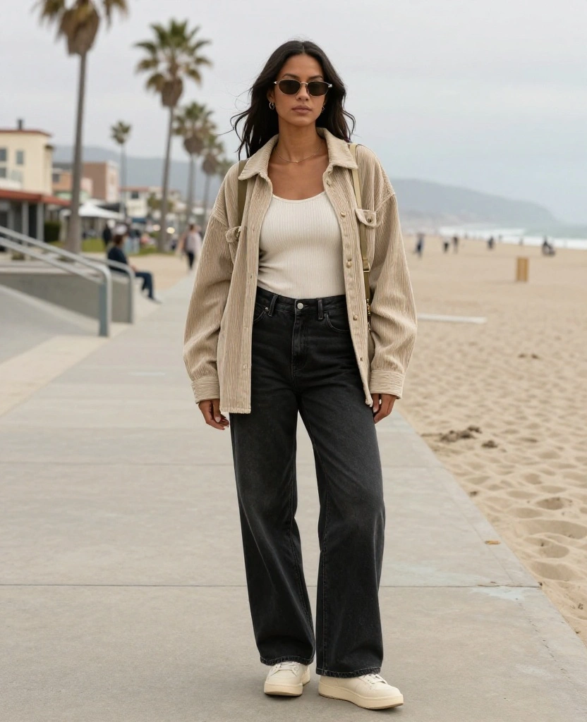 13 Los Angeles Beach Outfits for December That Nail the Breezy California Look! 15 What to Wear in Los Angeles in December 13 Los Angeles Beach Outfits for December That Nail the Breezy California Look! - 3. The Oversized Shacket with Wide-Leg Pants 1