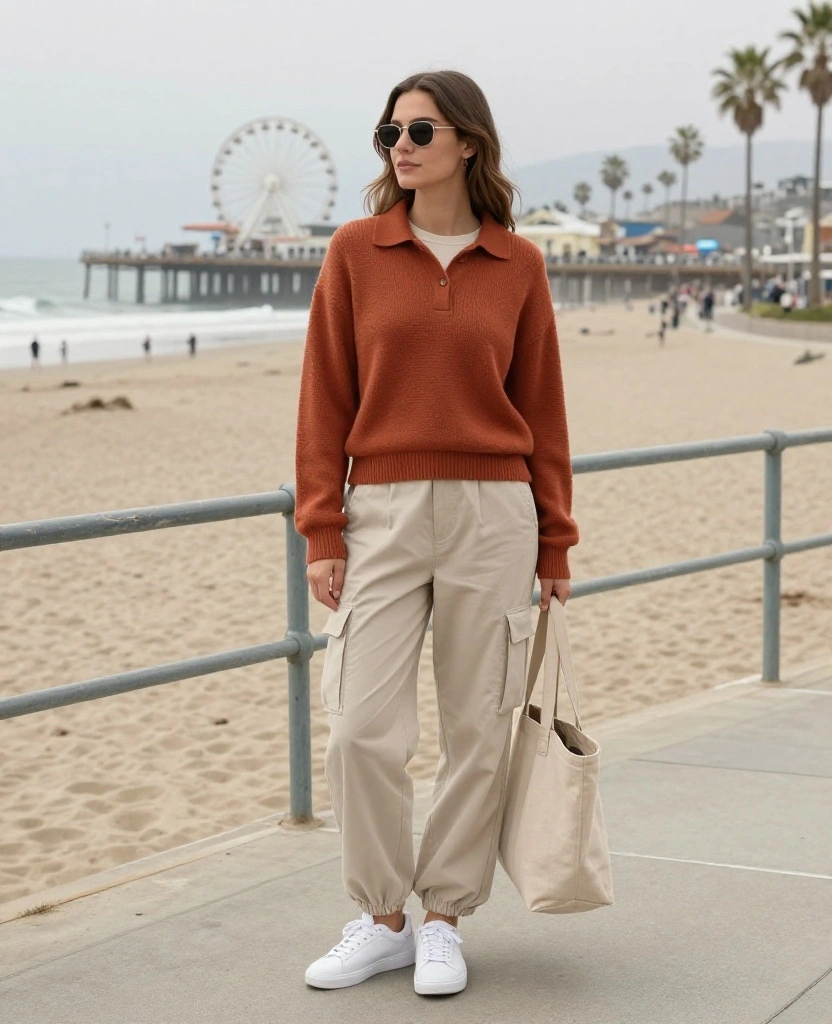 13 Los Angeles Beach Outfits for December That Nail the Breezy California Look! 22 What to Wear in Los Angeles in December 13 Los Angeles Beach Outfits for December That Nail the Breezy California Look! - 4. Knit Polo, Cargo Pants, and Clean Sneakers 1