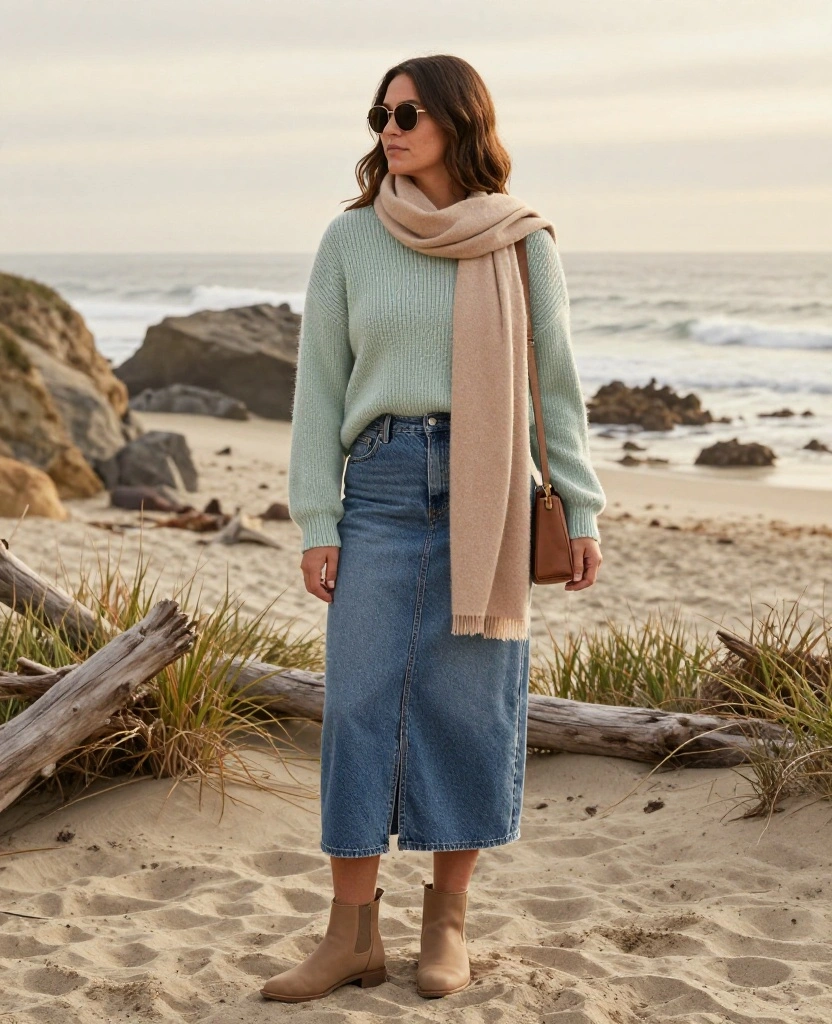13 Los Angeles Beach Outfits for December That Nail the Breezy California Look! 29 What to Wear in Los Angeles in December 13 Los Angeles Beach Outfits for December That Nail the Breezy California Look! - 5. A Denim Midi Skirt with Boots and a Fine Knit 1