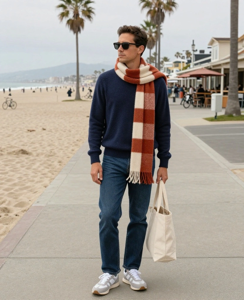 13 Los Angeles Beach Outfits for December That Nail the Breezy California Look! 45 What to Wear in Los Angeles in December 13 Los Angeles Beach Outfits for December That Nail the Breezy California Look! - 7. The Scarf-Layered Sweater and Straight Jeans 1