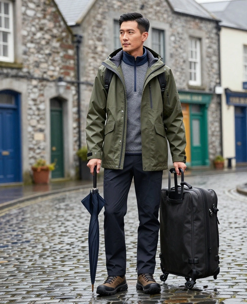 13 Men’s Galway November Outfit Ideas for Staying Warm, Dry, and Sharp in Ireland 75 what to wear in Galway in November 13 Men’s Galway November Outfit Ideas for Staying Warm, Dry, and Sharp in Ireland - 11. The Rain-Ready Travel Uniform with Backpack and Compact Umbrella 1