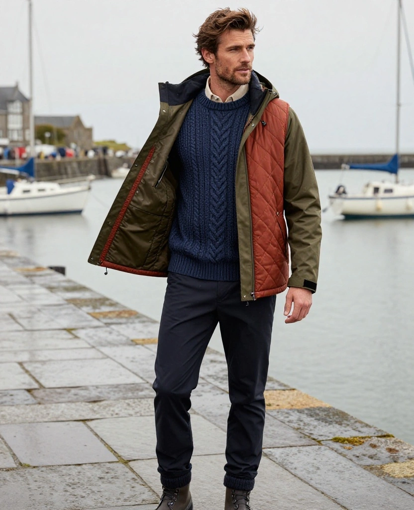 13 Men’s Galway November Outfit Ideas for Staying Warm, Dry, and Sharp in Ireland 15 what to wear in Galway in November 13 Men’s Galway November Outfit Ideas for Staying Warm, Dry, and Sharp in Ireland - 3. Quilted Vest, Chunky Knit, and Shell Jacket for Flexible Warmth 1
