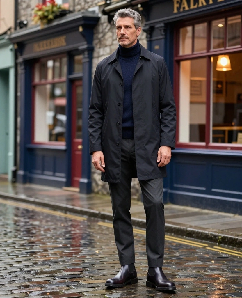 13 Men’s Galway November Outfit Ideas for Staying Warm, Dry, and Sharp in Ireland 22 what to wear in Galway in November 13 Men’s Galway November Outfit Ideas for Staying Warm, Dry, and Sharp in Ireland - 4. Navy Turtleneck, Tailored Trousers, and Waterproof Chelsea Boots 1