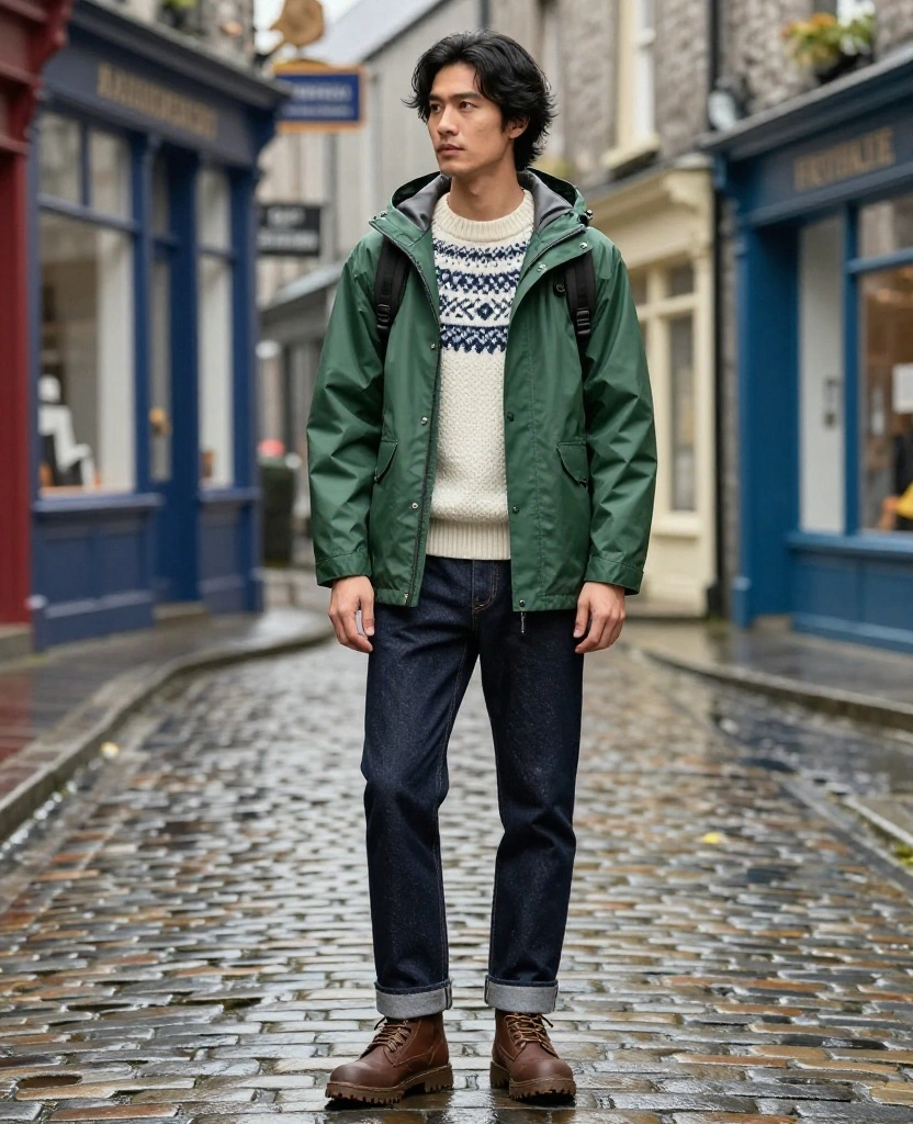 13 Men’s Galway November Outfit Ideas for Staying Warm, Dry, and Sharp in Ireland 36 what to wear in Galway in November 13 Men’s Galway November Outfit Ideas for Staying Warm, Dry, and Sharp in Ireland - 6. Dark Denim, a Fair Isle Knit, and a Packable Rain Jacket 1