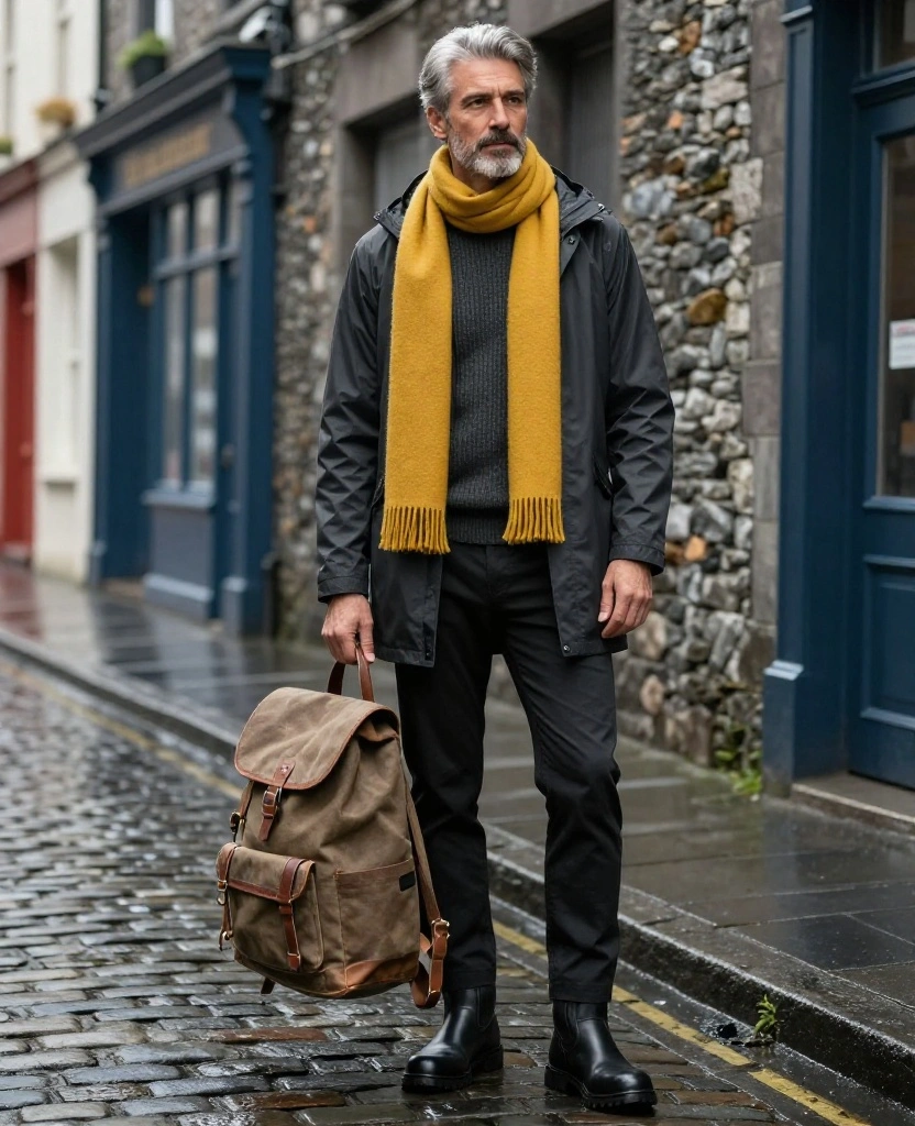 13 Men’s Galway November Outfit Ideas for Staying Warm, Dry, and Sharp in Ireland 59 what to wear in Galway in November 13 Men’s Galway November Outfit Ideas for Staying Warm, Dry, and Sharp in Ireland - 9. Monochrome Charcoal Layers with a Bright Wool Scarf 1