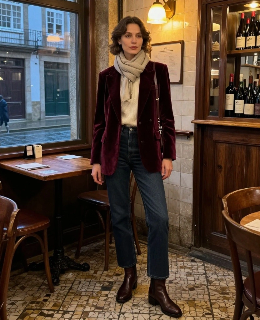 13 Porto Evening Outfits for November That Take You From Wine Bars to Dinner Without Overpacking 8 What to Wear in Porto in November 13 Porto Evening Outfits for November That Take You From Wine Bars to Dinner Without Overpacking - 2. Velvet Blazer, Dark Denim, and a Soft Scarf 1
