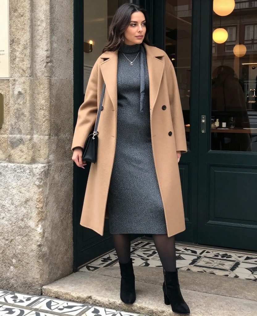 13 Porto Evening Outfits for November That Take You From Wine Bars to Dinner Without Overpacking 22 What to Wear in Porto in November 13 Porto Evening Outfits for November That Take You From Wine Bars to Dinner Without Overpacking - 4. The Long-Sleeve Knit Dress With a Belted Wool Coat 1