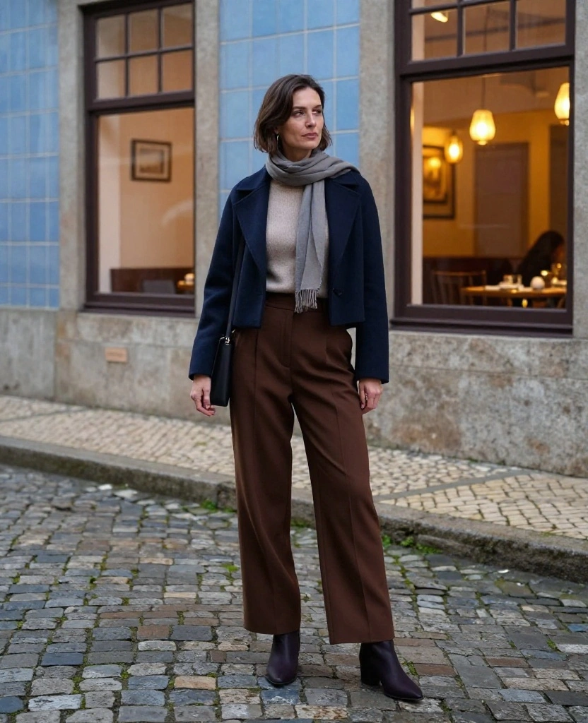 13 Porto Evening Outfits for November That Take You From Wine Bars to Dinner Without Overpacking 29 What to Wear in Porto in November 13 Porto Evening Outfits for November That Take You From Wine Bars to Dinner Without Overpacking - 5. Wide-Leg Trousers With a Fitted Knit and Short Jacket 1