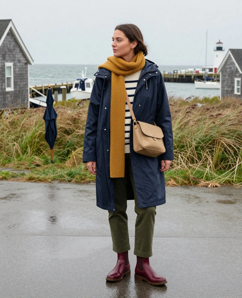 13 Rain-Proof Cape Cod Outfits for November That Keep You Dry Without Looking Boring 1 What to Wear in Cape Cod in November? 13 Rain-Proof Cape Cod Outfits for November That Keep You Dry Without Looking Boring - 1. The Breton Stripe and Navy Raincoat Combo 1