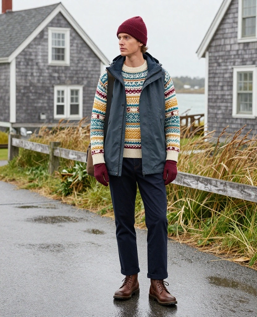 13 Rain-Proof Cape Cod Outfits for November That Keep You Dry Without Looking Boring 58 What to Wear in Cape Cod in November? 13 Rain-Proof Cape Cod Outfits for November That Keep You Dry Without Looking Boring - 10. Charcoal Shell With a Bright Fair Isle Sweater 1