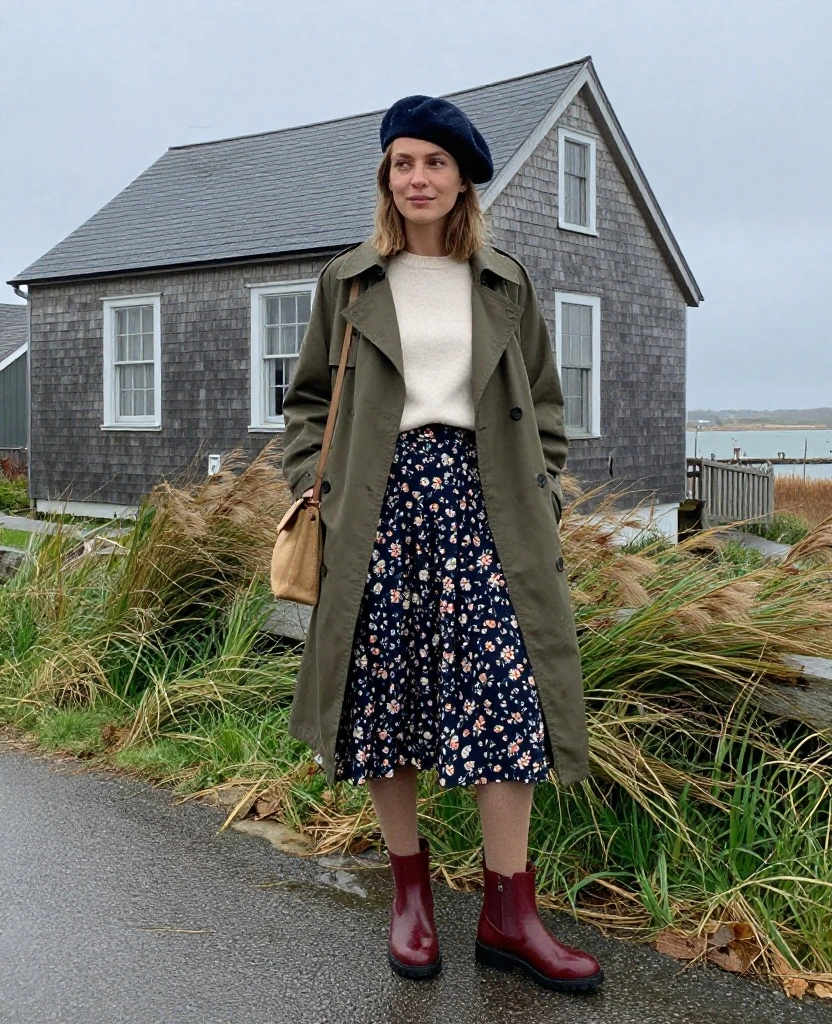 13 Rain-Proof Cape Cod Outfits for November That Keep You Dry Without Looking Boring 62 What to Wear in Cape Cod in November? 13 Rain-Proof Cape Cod Outfits for November That Keep You Dry Without Looking Boring - 12. Floral Midi Skirt With a Water-Resistant Trench 1