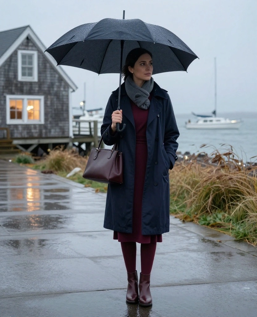 13 Rain-Proof Cape Cod Outfits for November That Keep You Dry Without Looking Boring 63 What to Wear in Cape Cod in November? 13 Rain-Proof Cape Cod Outfits for November That Keep You Dry Without Looking Boring - 13. Polished Harbor-Dinner Outfit With a Waterproof Coat 1