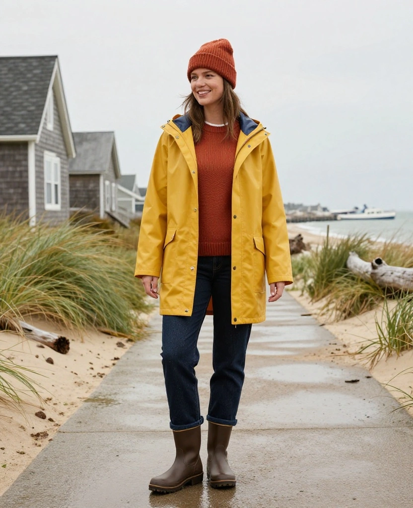 13 Rain-Proof Cape Cod Outfits for November That Keep You Dry Without Looking Boring 12 What to Wear in Cape Cod in November? 13 Rain-Proof Cape Cod Outfits for November That Keep You Dry Without Looking Boring - 2. Mustard Slicker With Rust Knit Layers 1