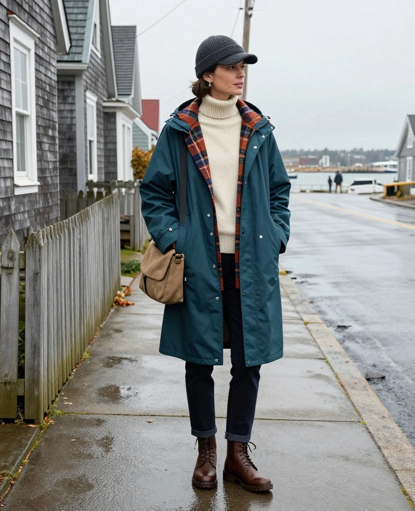 13 Rain-Proof Cape Cod Outfits for November That Keep You Dry Without Looking Boring 31 What to Wear in Cape Cod in November? 13 Rain-Proof Cape Cod Outfits for November That Keep You Dry Without Looking Boring - 5. Plaid Shacket Under a Long Waterproof Coat 1