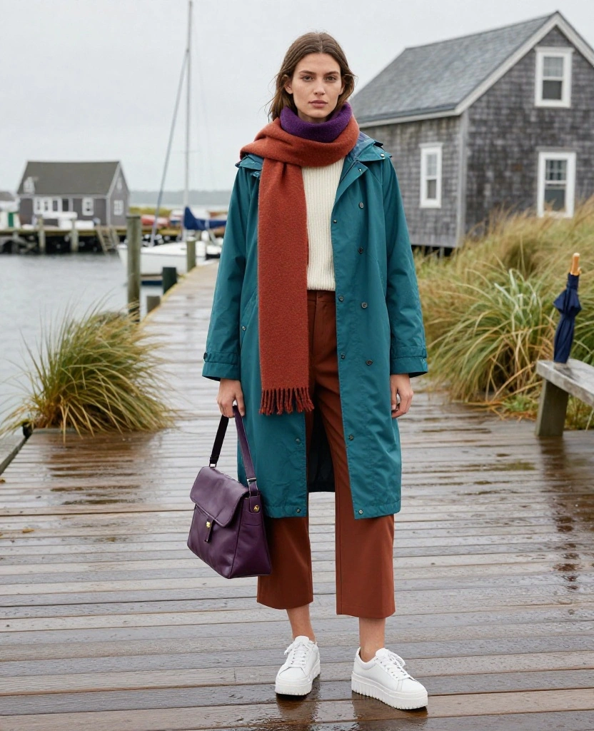 13 Rain-Proof Cape Cod Outfits for November That Keep You Dry Without Looking Boring 35 What to Wear in Cape Cod in November? 13 Rain-Proof Cape Cod Outfits for November That Keep You Dry Without Looking Boring - 7. Teal Waterproof Coat With Wide-Leg Trousers 1