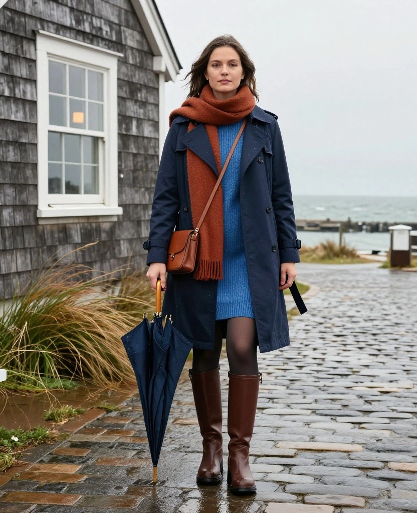 13 Rain-Proof Cape Cod Outfits for November That Keep You Dry Without Looking Boring 47 What to Wear in Cape Cod in November? 13 Rain-Proof Cape Cod Outfits for November That Keep You Dry Without Looking Boring - 9. Sweater Dress With Waterproof Knee-High Boots 1