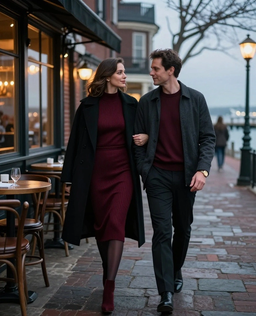 14 Newport Date-Night Outfits for November That Bring Instant Coastal Romance to Your Weekend 87 What to Wear in Newport Rhode Island in November 14 Newport Date-Night Outfits for November That Bring Instant Coastal Romance to Your Weekend - 13. Black and Burgundy Layers for a Moody Cocktail Bar 1